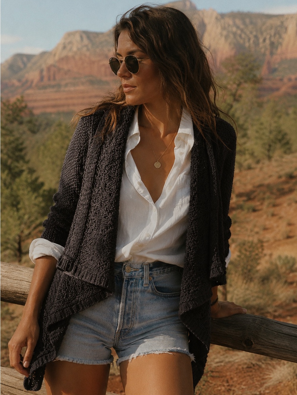 LOFT Open Front Cardigan Sweater Textured Knit Waterfall Hem Dark Charcoal Gray
